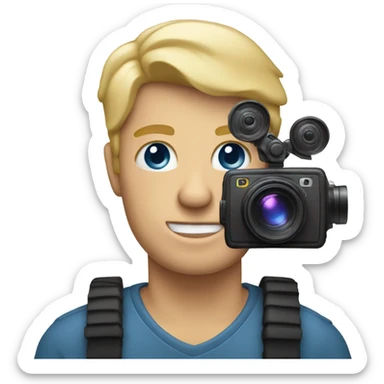 Blonde haired man holding a cinema camera sticker