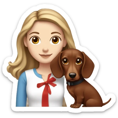 White girl with brown hair and blue eyes holding a red dachshund  sticker