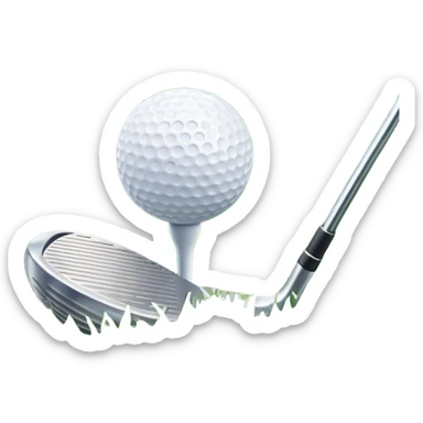 A golf ball on a tee, with a golf club placed beside it on the lush green fairway. The background shows a serene golf course with neatly trimmed grass and a clear blue sky, emphasizing the elegance and precision of the game. sticker