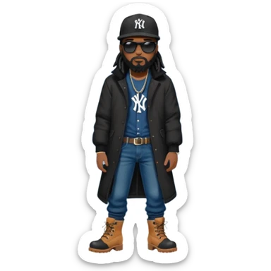 African American man with shoulder length black dreadlocks with black beard wearing black sunglasses wearing a black New York Yankees logo baseball cap wearing a black bubble winter coat wearing denim skinny jeans putting on timberland boots on his feet sticker