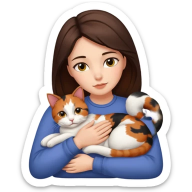Brunette woman snuggling calico cat sticker