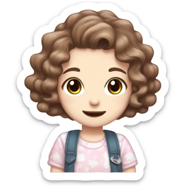 Pale girl, who has wavy brown hair and ocean eyes, and a cutecore clothes with sanrio characters on her shirt, with a cute little smile and baby face. sticker
