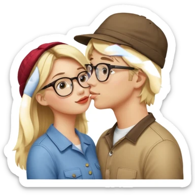 blonde girl with glasses kissing dude with blonde hair and a hat on backwards sticker