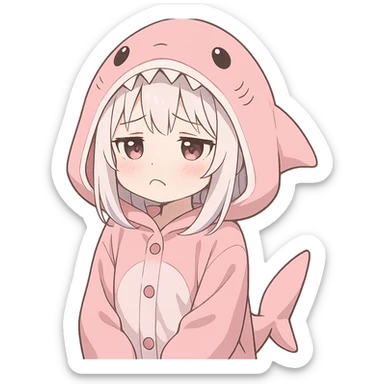 cute anime girl, white hair, pink shark onesie, pouting with a sad face sticker