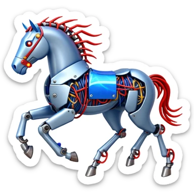 fast electric horse made of electricity, metal plates, bolts, visible blue and red wires, lightning coursing through its body, mechanical hooves sticker