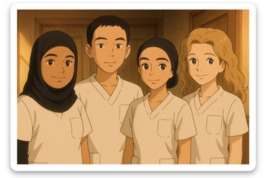 Variante 3 : Quatre étudiants infirmiers côte à côte, ambiance chaleureuse, en intérieur, style Ghibli, tenues uniformes blanches à manches courtes sans col, sans sous-pull ni stéthoscopes. Hauts de type tunique médicale, col en V, poche poitrine côté gauche. Visages et attitudes inspirés des quatre photos jointes, composition différente. sticker