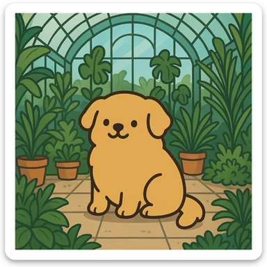 pusheen-style flat toon golden retriever in a botanical garden greenhouse sticker