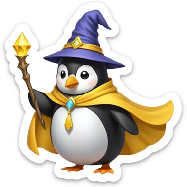 A wizard penguin with a yellow hat and a long, flowing cape. The penguin is floating slightly above the ground, surrounded by swirling magical energy and glowing runes in the airyellow wizard hat sticker