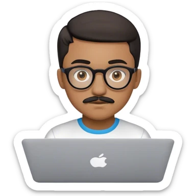 tech boy ios light brown round glasses, mustache, black short hair using macbook sticker