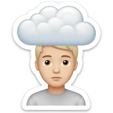 A thinking male person with a white thought cloud sticker