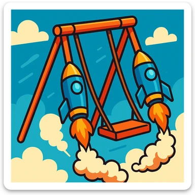 a swing with rocket boosters on each side of the seat, dynamic and fun, vibrant toon style sticker