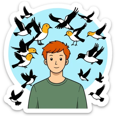 Man with ginger hair and lots of birds around him sticker