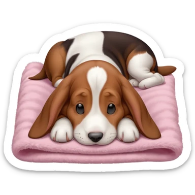 A baby basset hound sleeping on a baby pink blanket  sticker