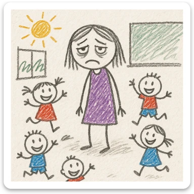 exhausted teacher in a bustling classroom sticker