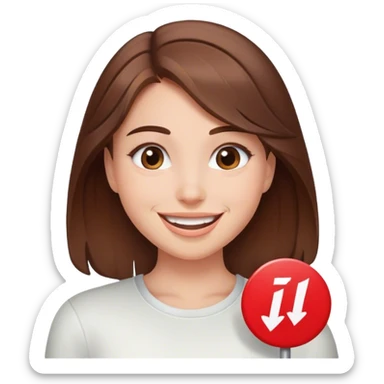 smiling girl with brown hair with an I hate Musk sign sticker