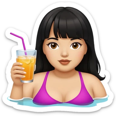 Latina female with bangs black long hair plus size swimming with a drink sticker