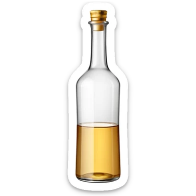 tall clear glass bottle with long neck and straight sides filled with transparent white rum, minimal neutral-toned or blank label, metallic screw cap or cork, colorless dense liquid suggesting strength, no branding, no garnish, soft lighting, subtle shadows, emoji scale sticker