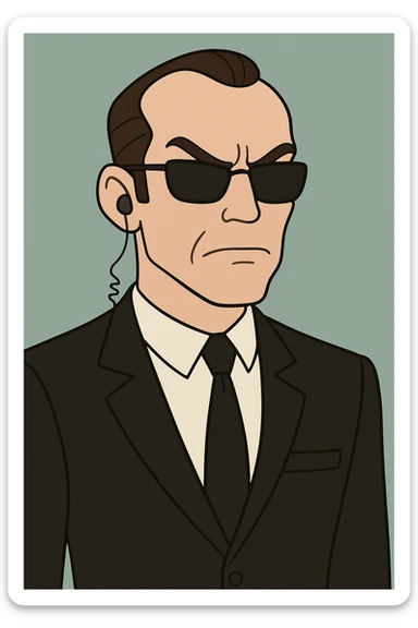 Agent Smith from The Matrix in cartoon style, black suit, sunglasses, earpiece, stern expression sticker