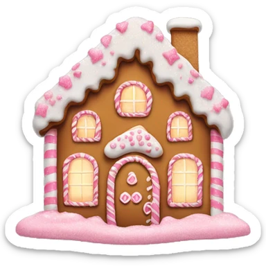 big gingerbread house with sparkles and pink and white icing sugar sticker
