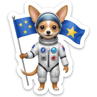 a chihuahua in space suit, holding blue rectangle flag, full body, front view sticker