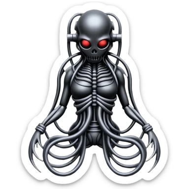 dark intertwined black wires forming a creature, wrapped in black rags and bondage straps, Giger-inspired sticker