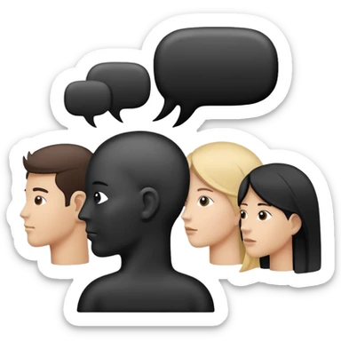 Minimalistic flat vector icon, iOS style, thin black contour on white background. Human head with speech bubble and small group of people silhouettes listening. Clean, no text, no shadows sticker