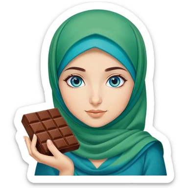 Turkish beautiful finish Konya girl blue eyes with green and blue hijab islamic dress and had on her hand Dubai chocolate  sticker