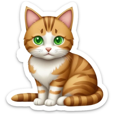 A tabby cat with green eyes sitting and showing its white stomach sticker