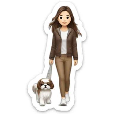 a asian girl with long brown hair walking with a white and brown shih tzu sticker