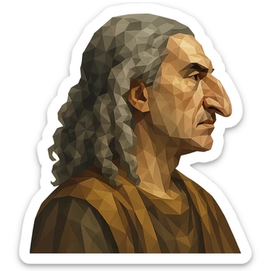 polygonal style profile portrait of an Egyptian historian with long curly grey hair, wearing an Egyptian cloak, large aquiline nose sticker