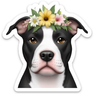 Black and white Pitbull with floral crown sticker