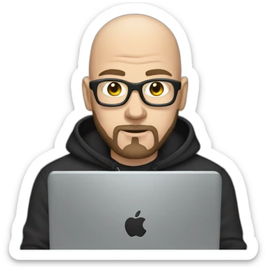 bald white man with a black beard typing on apple computer wearing a black hoodie sticker