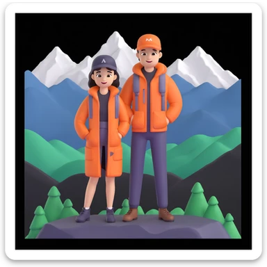 back packer couple posing, mountains in background,   close up pose sticker