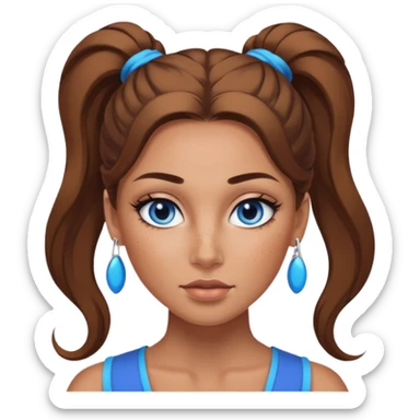 Attractive Woman with tan skin, baddie style, blue eyes, wide face, freckles, and a long voluminous ponytail and dark eye makeup sticker
