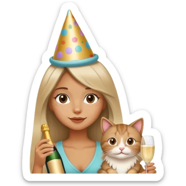 A long-haired girl wearing a birthday hat holding a cat and drinking champagne sticker