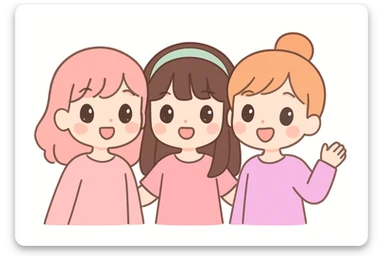 three girl best friends, cute cartoon style, top half of their bodies visible, all wearing pink, smiling, cheerful expressions sticker