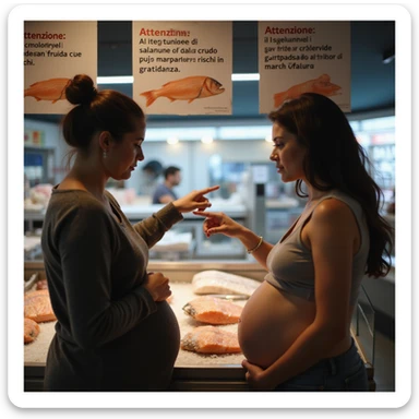realistic pregnant woman in 4K pointing at the informational sign in a fish market to another pregnant woman, both reading the text: “Attenzione, il consumo di salmone crudo può comportare rischi in gravidanza”. sticker