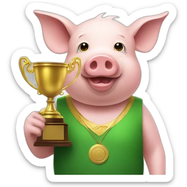 a pig wearing green clothes with a trophy sticker