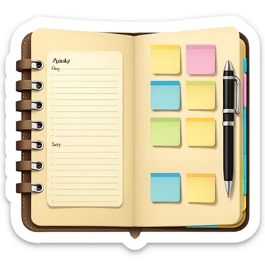 daily planner agenda cream leather with open page and pen with stickynotes sticker