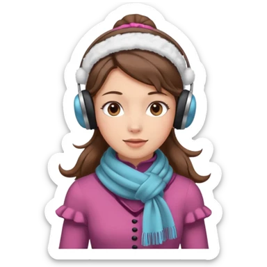 Victorian ice skater in a long dress. She is wearimg a scarf and earmuffs. She has boriwn hair. sticker