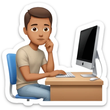 a man sitting at the table with an imac on it, a man sits in a very thoughtful pose sticker