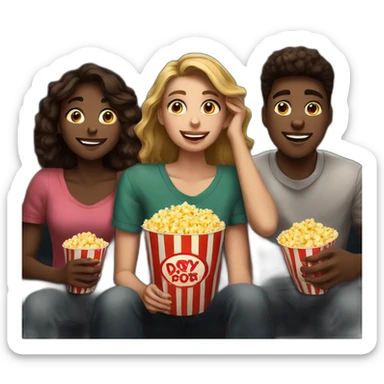 3 teenagers, watching movie at the cinema eating popcorn, dark background sticker