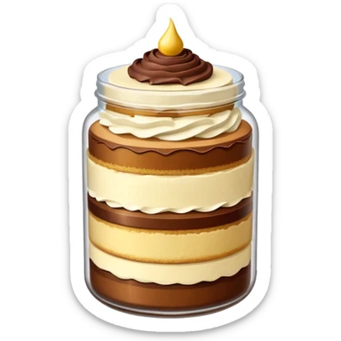 A layered little jar of cake that is gold sticker