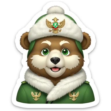 Happy Russian bear with bright green eyes, white fur ushanka hat with double-headed eagle insignia, cute facial expression sticker