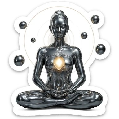 chrome style woman meditating in the lotus position with an open chest revealing a glowing light or energy inside, surrounded by spiraling spheres and a glowing aura, highly polished sticker
