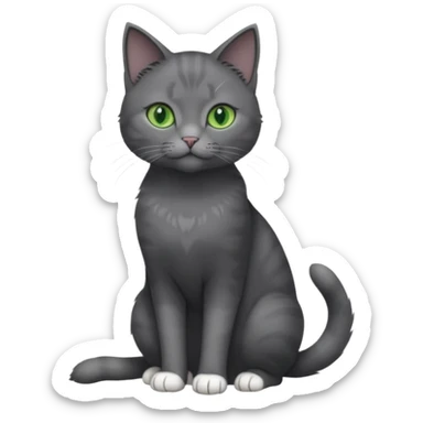 full body view of beautiful female solid dark grey cat with green eyes, white toes/paws and white patch on her chest sticker