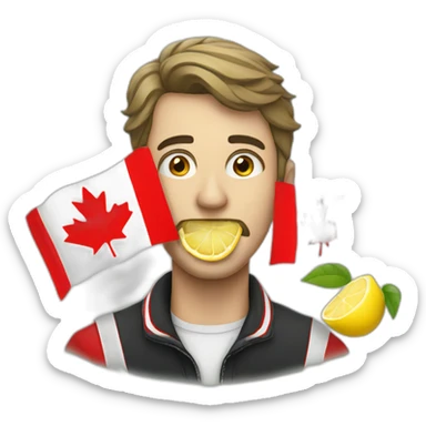 a man with a lemon in his mouth and the flag of Canada behind him sticker