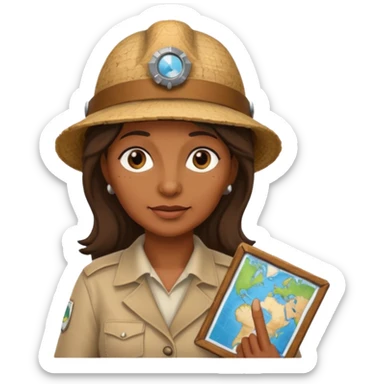 brown-skinned woman, 55 years old, archaeologist, archaeologist hat, small map next to her sticker
