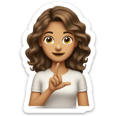 pretty tan brunette wavy hair girl holding her fingers in shape of an L in front of forehead sticker