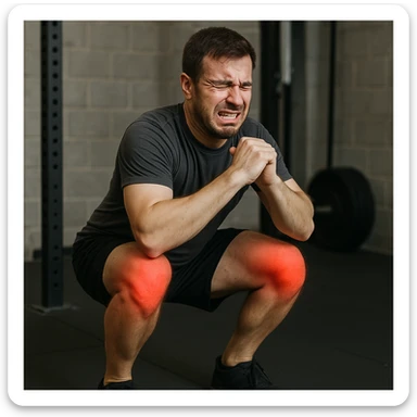 uomo che fa squat pieno di dolori e rossori articolari, per tecnica errata sticker